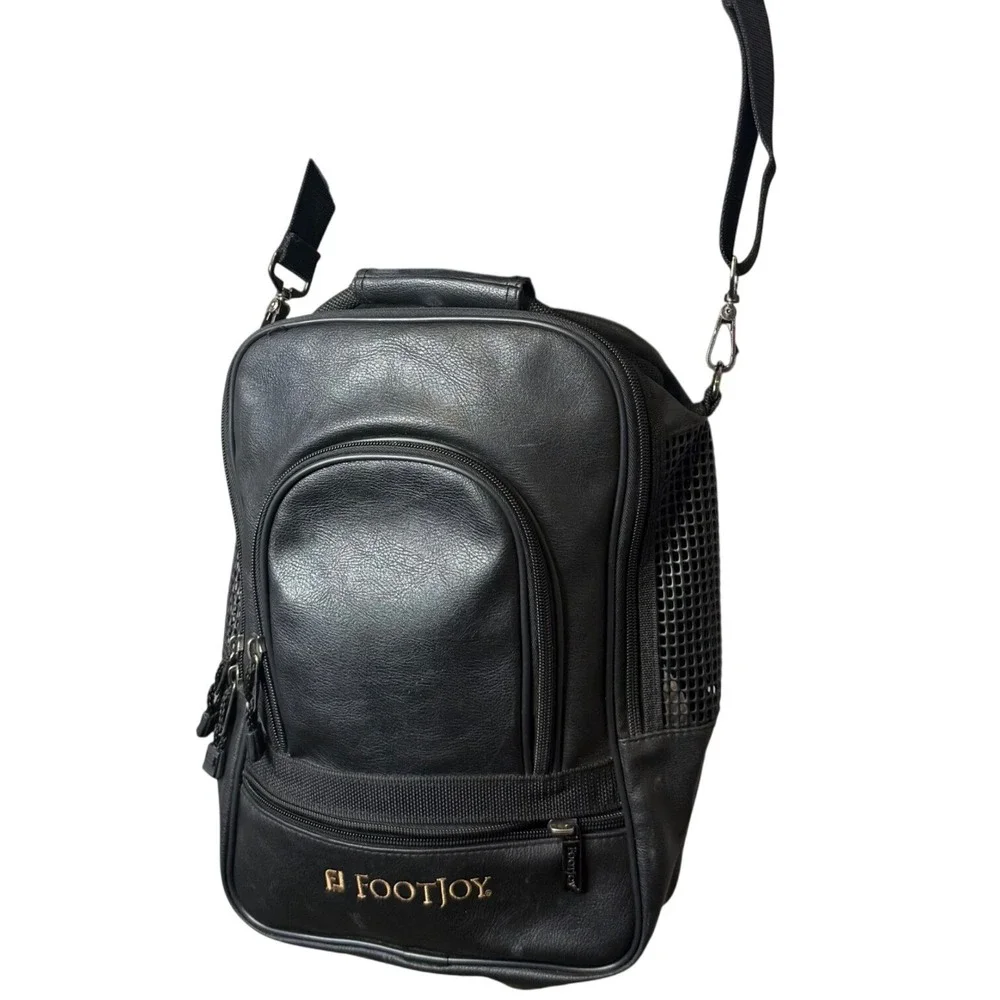 FootJoy Golf Shoe Bag Unisex Black Faux Leather Ventilated Shoulder Strap